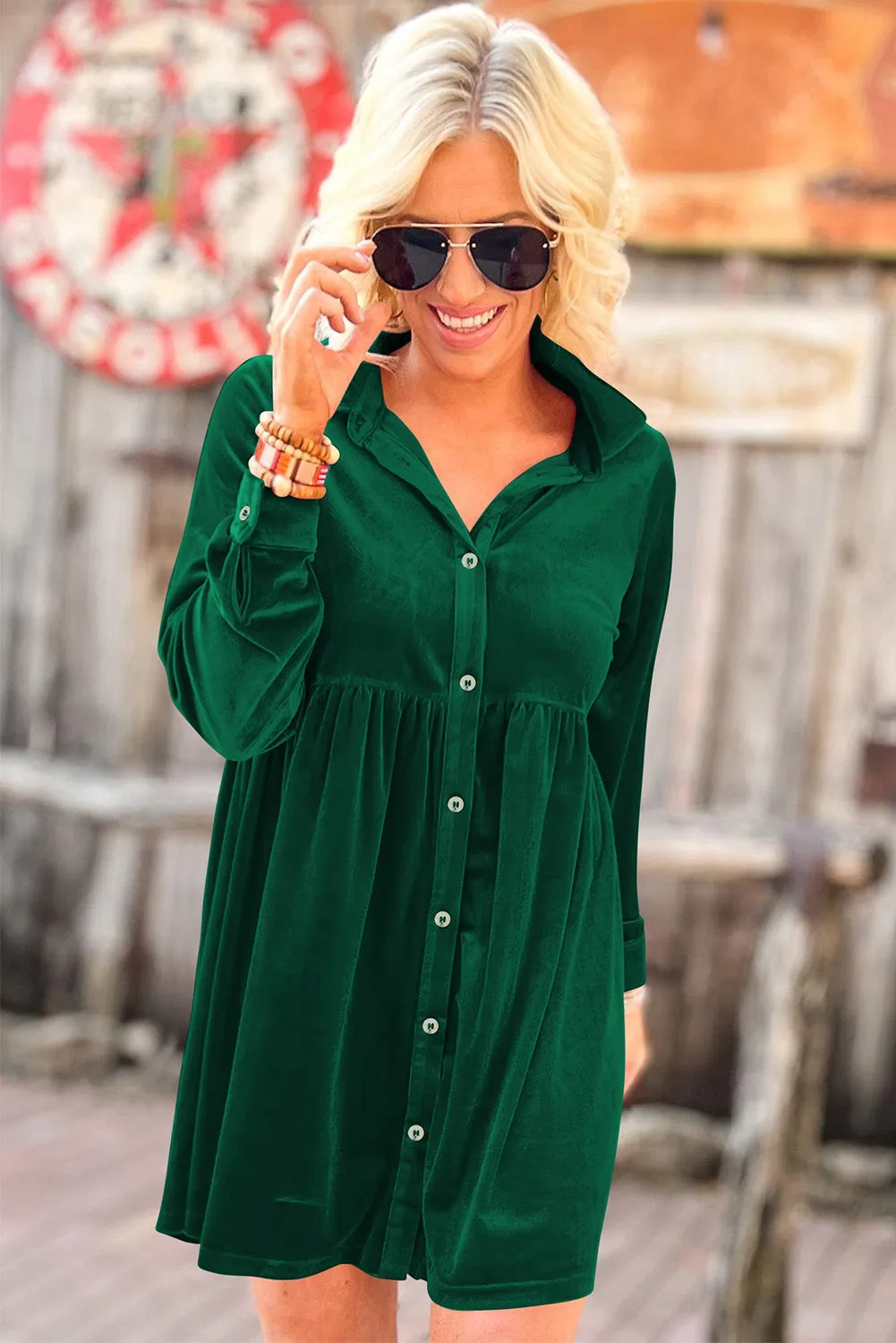Red Long Sleeve Ruffle Velvet Button Up Dress
