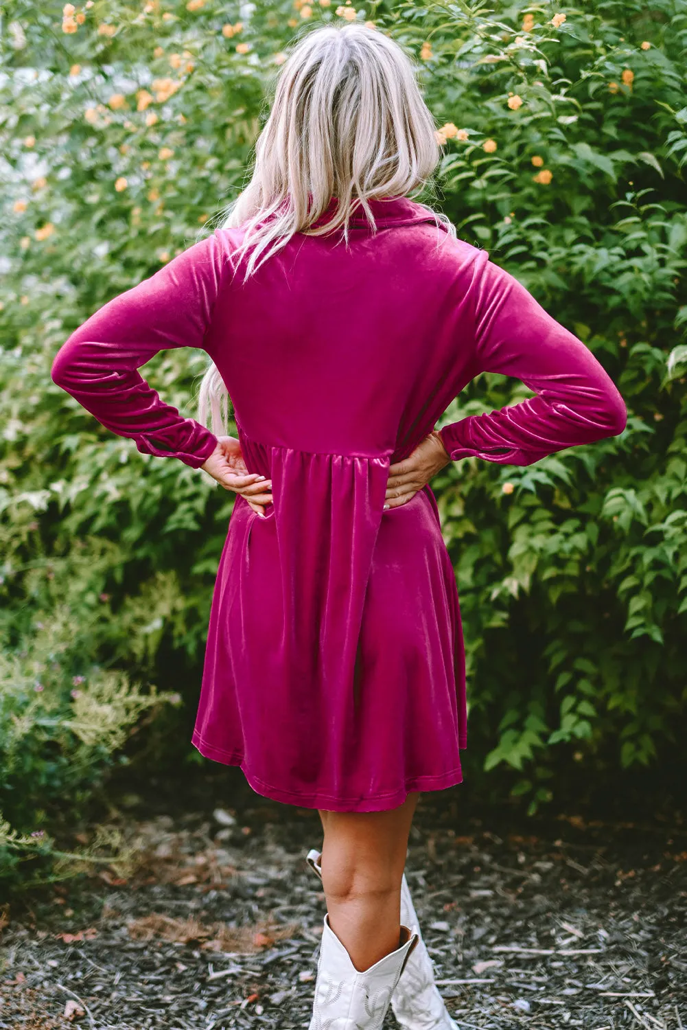 Red Long Sleeve Ruffle Velvet Button Up Dress