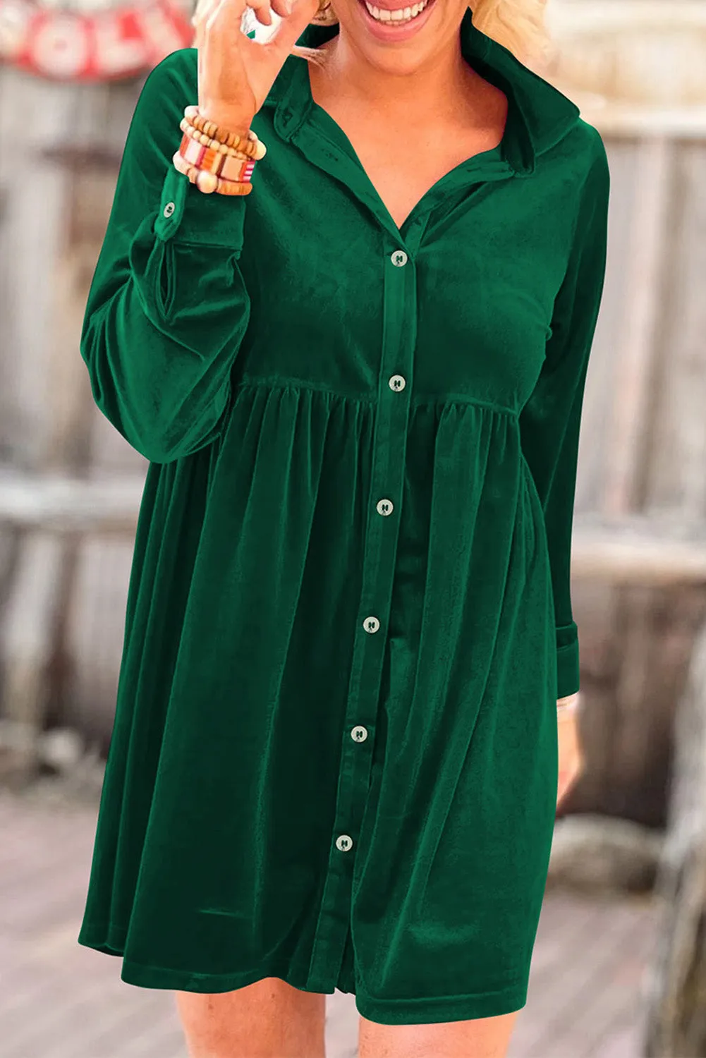 Red Long Sleeve Ruffle Velvet Button Up Dress