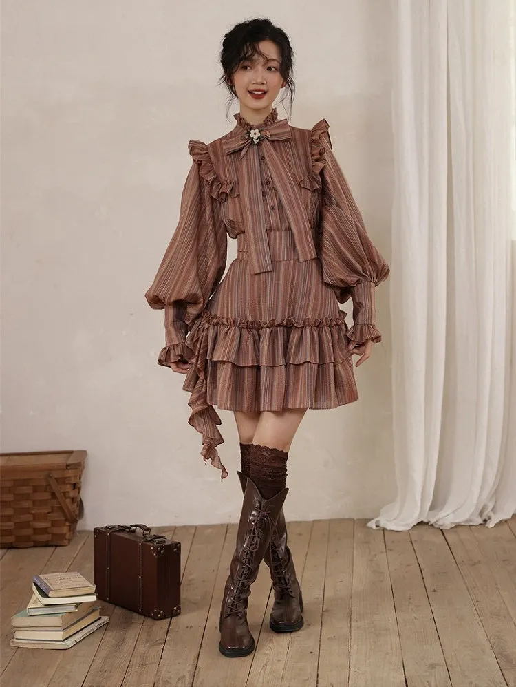 Reddish Brown Vintage Striped Pattern Tiered Ruffle Trim High Waist Skirt