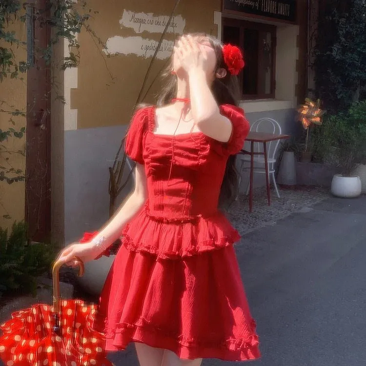Summer Retro Style Red Puff Sleeve Dress