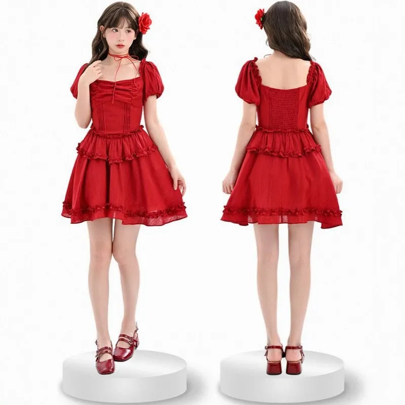 Summer Retro Style Red Puff Sleeve Dress