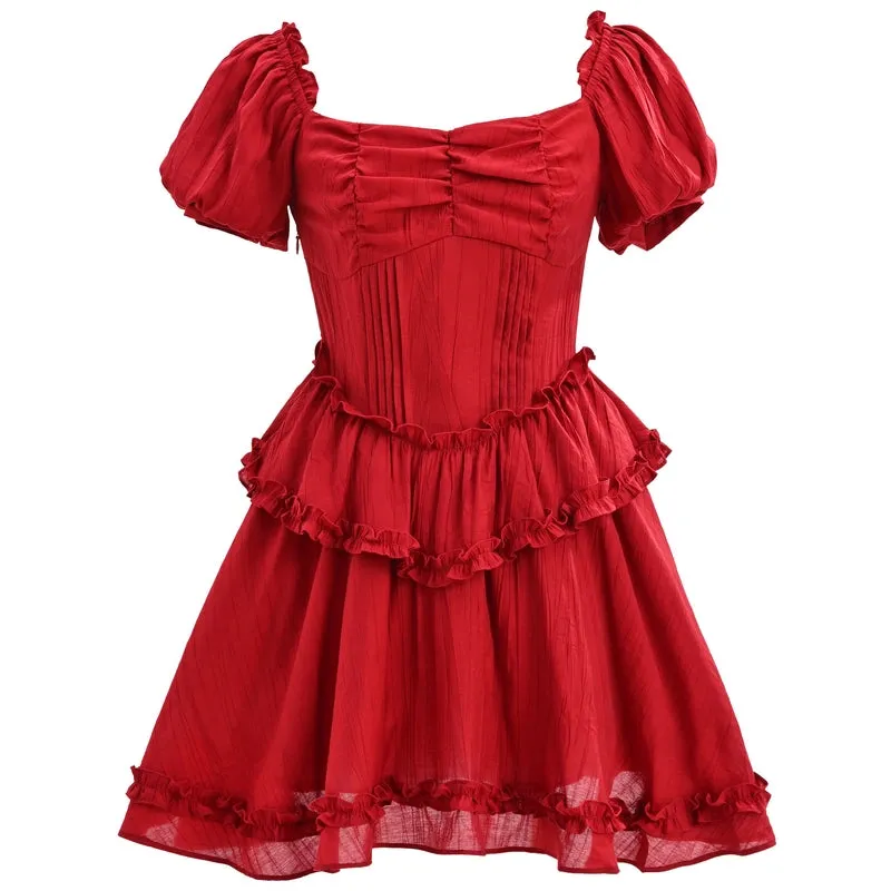 Summer Retro Style Red Puff Sleeve Dress
