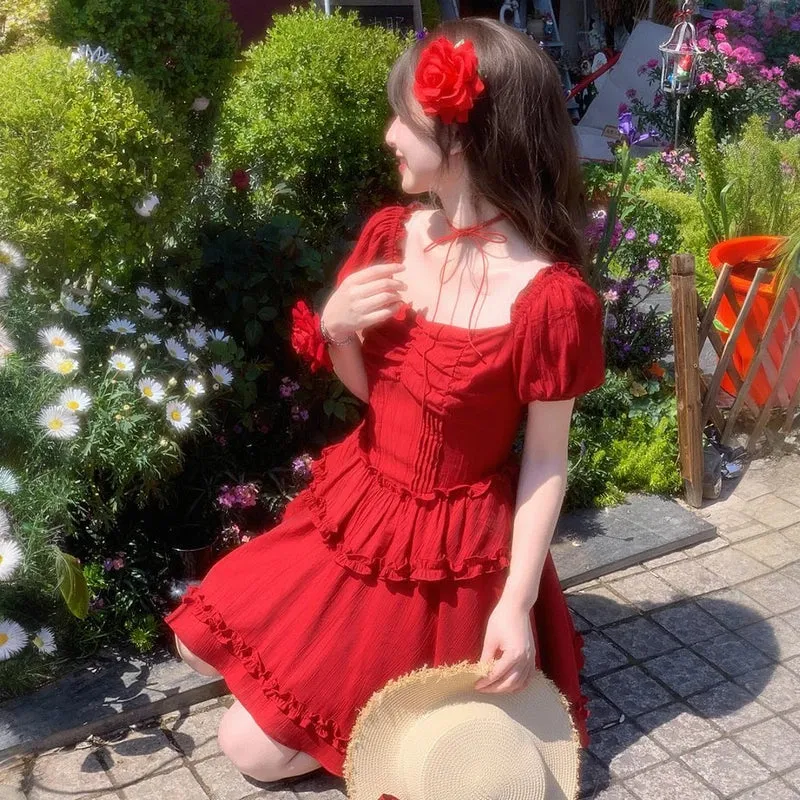 Summer Retro Style Red Puff Sleeve Dress