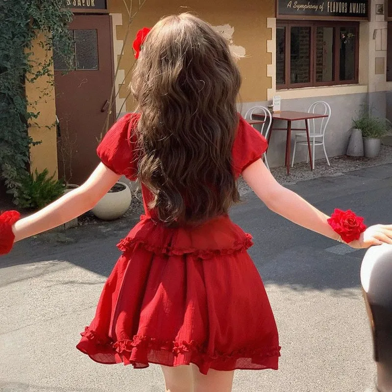 Summer Retro Style Red Puff Sleeve Dress
