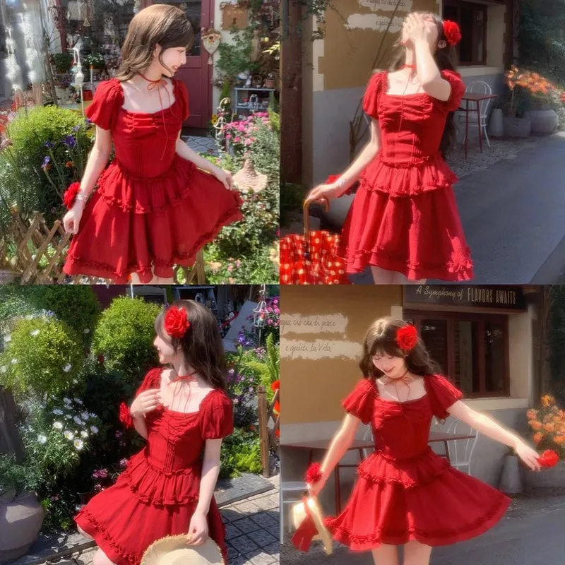 Summer Retro Style Red Puff Sleeve Dress