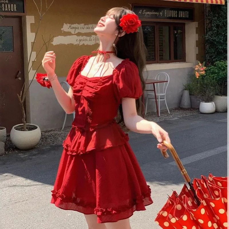 Summer Retro Style Red Puff Sleeve Dress