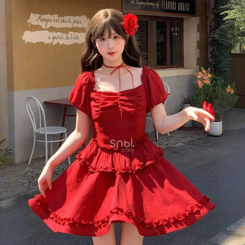 Summer Retro Style Red Puff Sleeve Dress