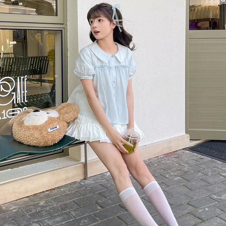 Summer Sweet Girl Style Light Blue Puff Sleeve Blouse