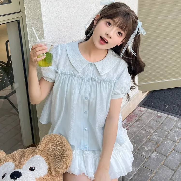 Summer Sweet Girl Style Light Blue Puff Sleeve Blouse