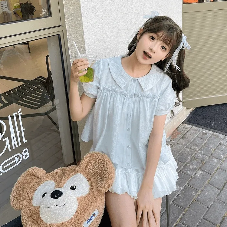 Summer Sweet Girl Style Light Blue Puff Sleeve Blouse