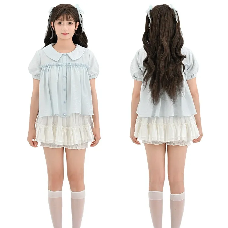 Summer Sweet Girl Style Light Blue Puff Sleeve Blouse