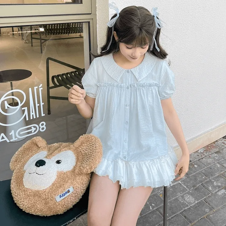 Summer Sweet Girl Style Light Blue Puff Sleeve Blouse