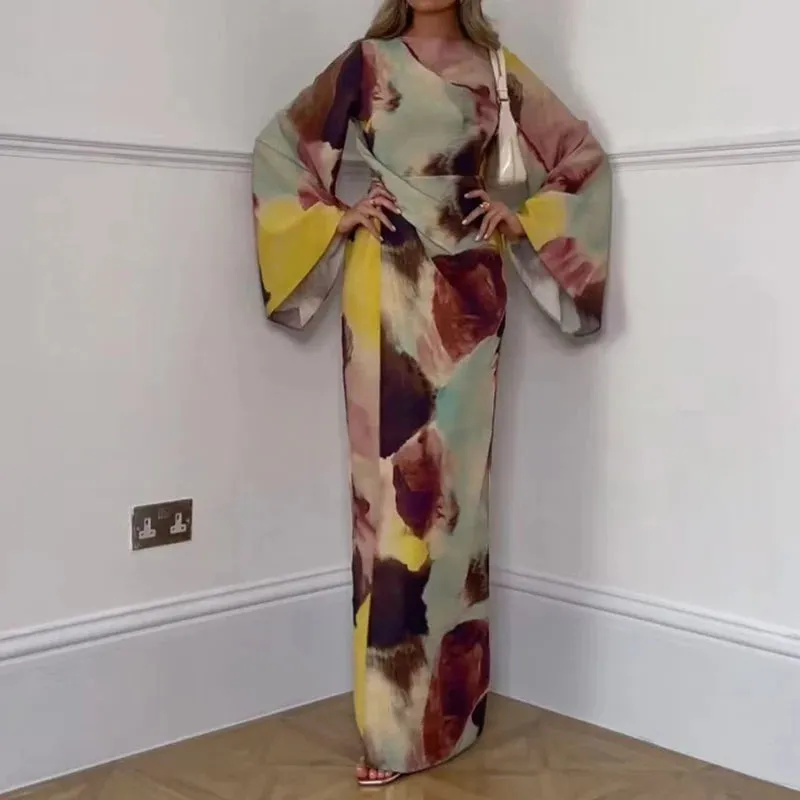 UAKISS  -  Elegant Pattern Print Flare Sleeve Maxi Dress Bohemian 2025 High Waist Pleated Evening Dress Fashion O-Neck Holiday Party Dress