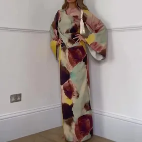 UAKISS  -  Elegant Pattern Print Flare Sleeve Maxi Dress Bohemian 2025 High Waist Pleated Evening Dress Fashion O-Neck Holiday Party Dress