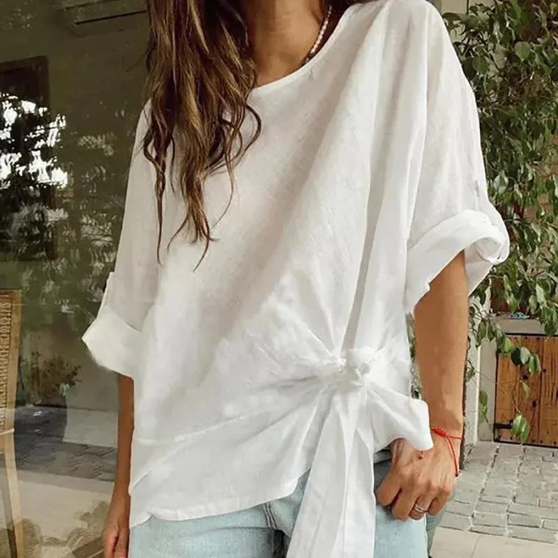 UAKISS  -  Loungewear Fashion O-Neck Pullover Tops, Women Spring Summer Half Batwing Sleeve Shirts, Lace-Up Patchwork Solid Ladies Blouses