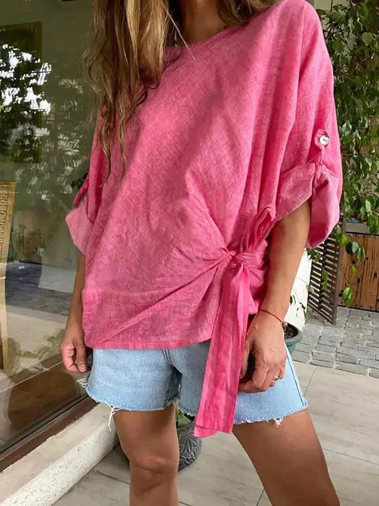 UAKISS  -  Loungewear Fashion O-Neck Pullover Tops, Women Spring Summer Half Batwing Sleeve Shirts, Lace-Up Patchwork Solid Ladies Blouses