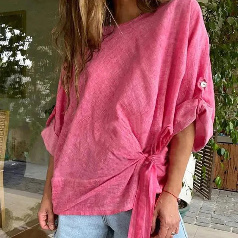 UAKISS  -  Loungewear Fashion O-Neck Pullover Tops, Women Spring Summer Half Batwing Sleeve Shirts, Lace-Up Patchwork Solid Ladies Blouses