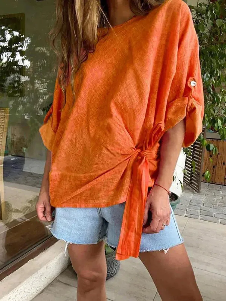 UAKISS  -  Loungewear Fashion O-Neck Pullover Tops, Women Spring Summer Half Batwing Sleeve Shirts, Lace-Up Patchwork Solid Ladies Blouses