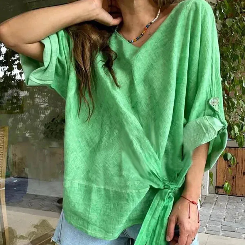 UAKISS  -  Loungewear Fashion O-Neck Pullover Tops, Women Spring Summer Half Batwing Sleeve Shirts, Lace-Up Patchwork Solid Ladies Blouses