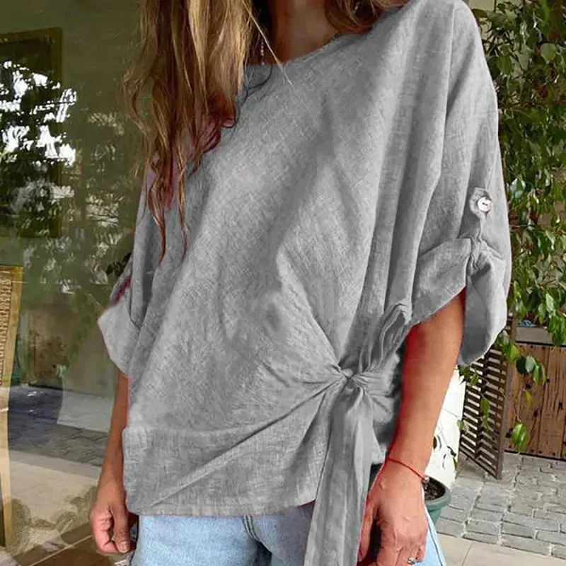 UAKISS  -  Loungewear Fashion O-Neck Pullover Tops, Women Spring Summer Half Batwing Sleeve Shirts, Lace-Up Patchwork Solid Ladies Blouses