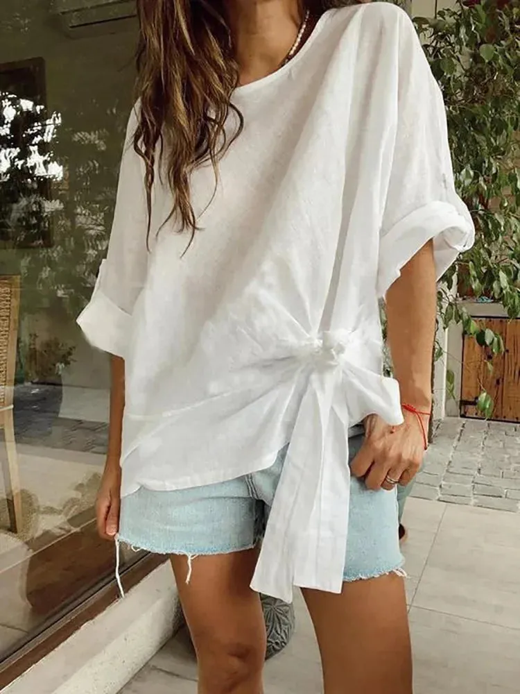 UAKISS  -  Loungewear Fashion O-Neck Pullover Tops, Women Spring Summer Half Batwing Sleeve Shirts, Lace-Up Patchwork Solid Ladies Blouses
