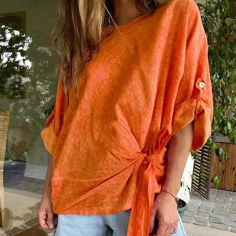 UAKISS  -  Loungewear Fashion O-Neck Pullover Tops, Women Spring Summer Half Batwing Sleeve Shirts, Lace-Up Patchwork Solid Ladies Blouses