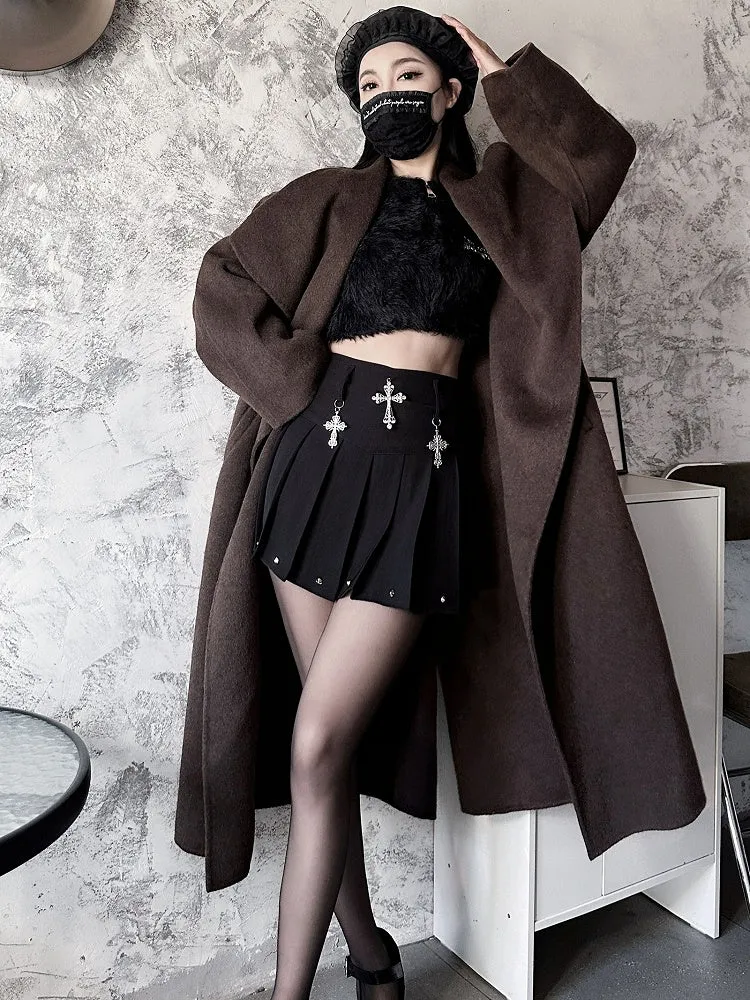 Y2K Black Cross Charms High Waist Studs Punk Pleated Skirt
