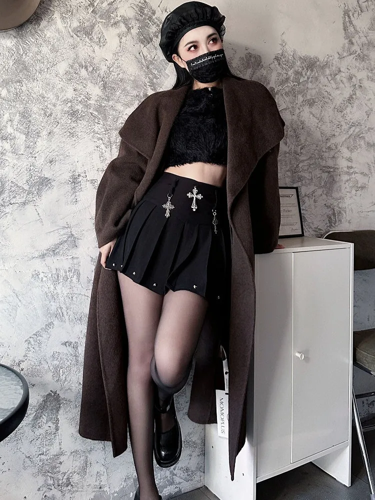 Y2K Black Cross Charms High Waist Studs Punk Pleated Skirt