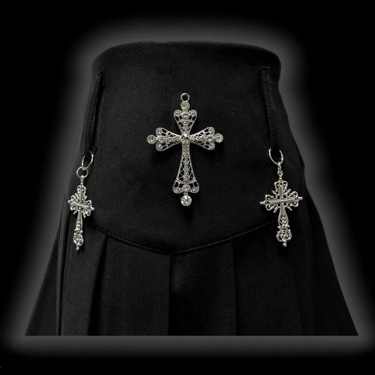 Y2K Black Cross Charms High Waist Studs Punk Pleated Skirt