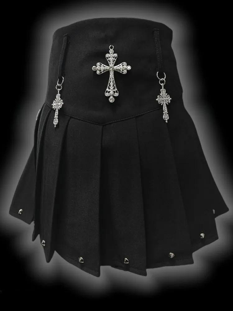 Y2K Black Cross Charms High Waist Studs Punk Pleated Skirt