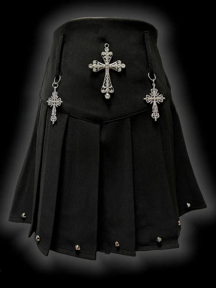 Y2K Black Cross Charms High Waist Studs Punk Pleated Skirt