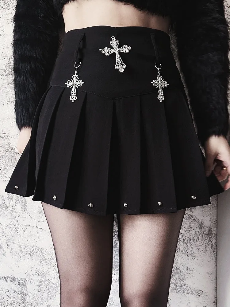 Y2K Black Cross Charms High Waist Studs Punk Pleated Skirt